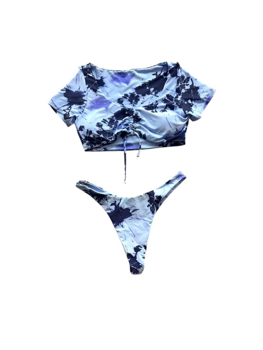 SHEIN Blue‎ Purple Tie Dye Indie Punk Two Piece Bikini Set with Short Sleeve